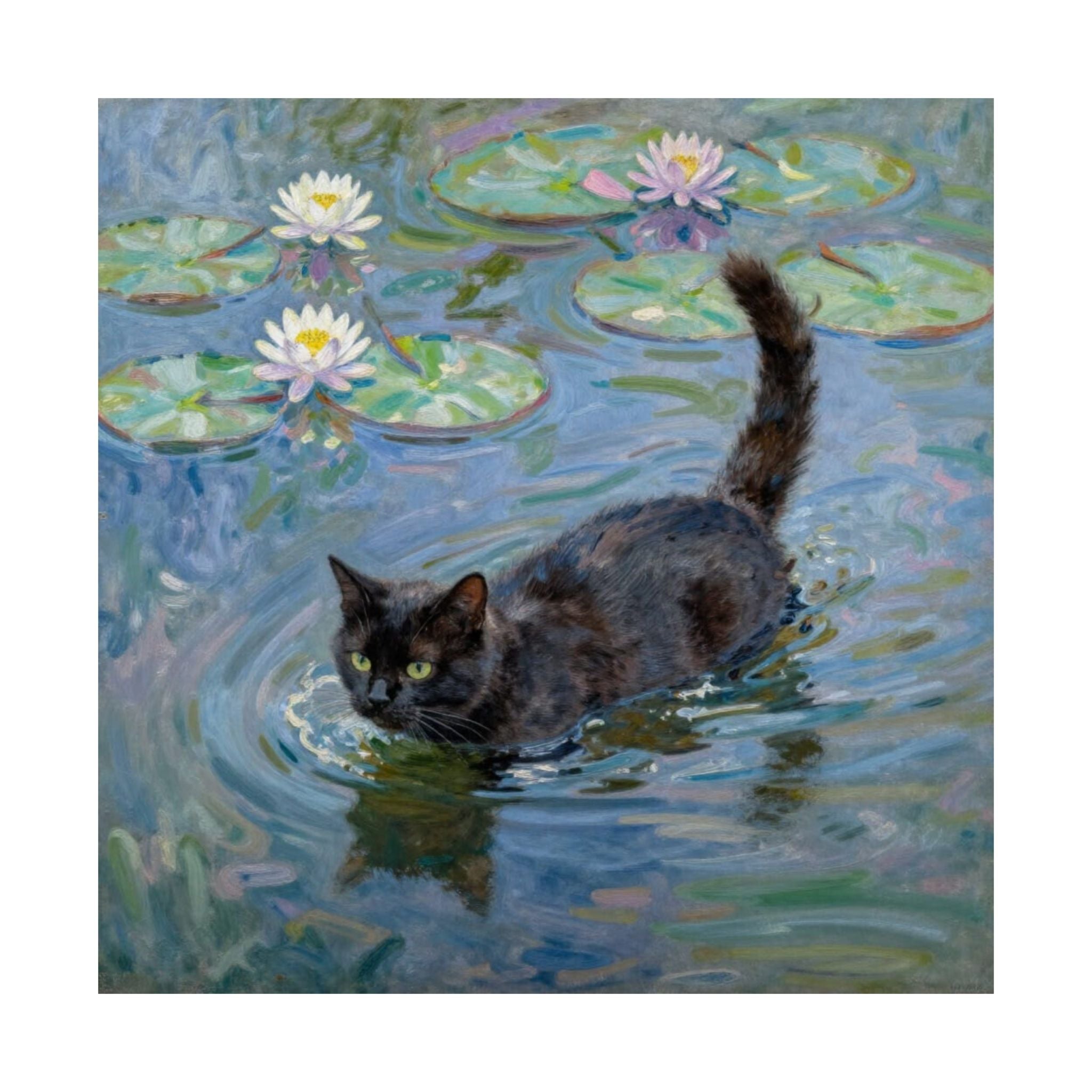 Matte Poster — Black Cat in Water with Waterlilies (Art Print)