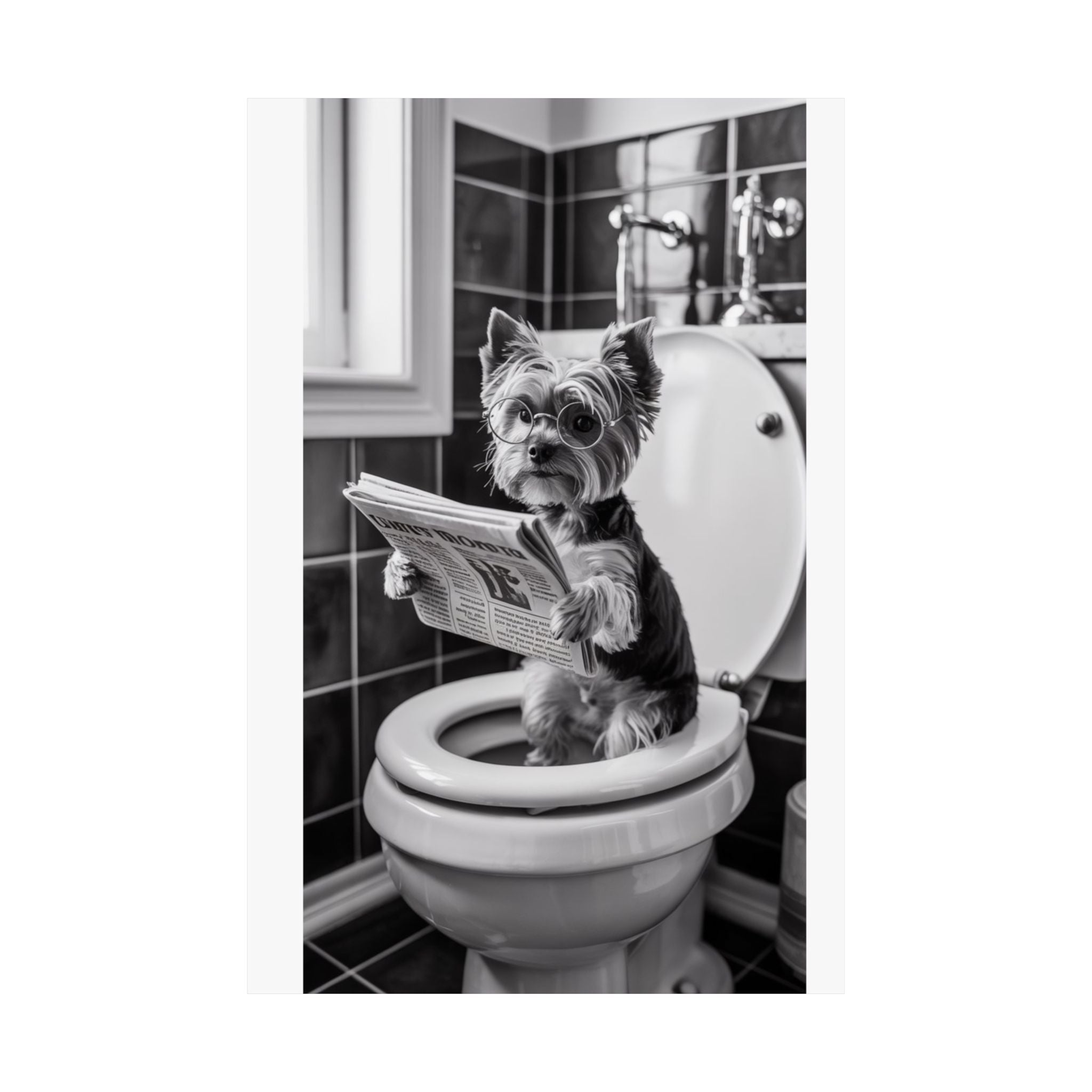 Digital download Funny Yorkie Bathroom Poster — Black & White Matte Vertical Dog Wall Art