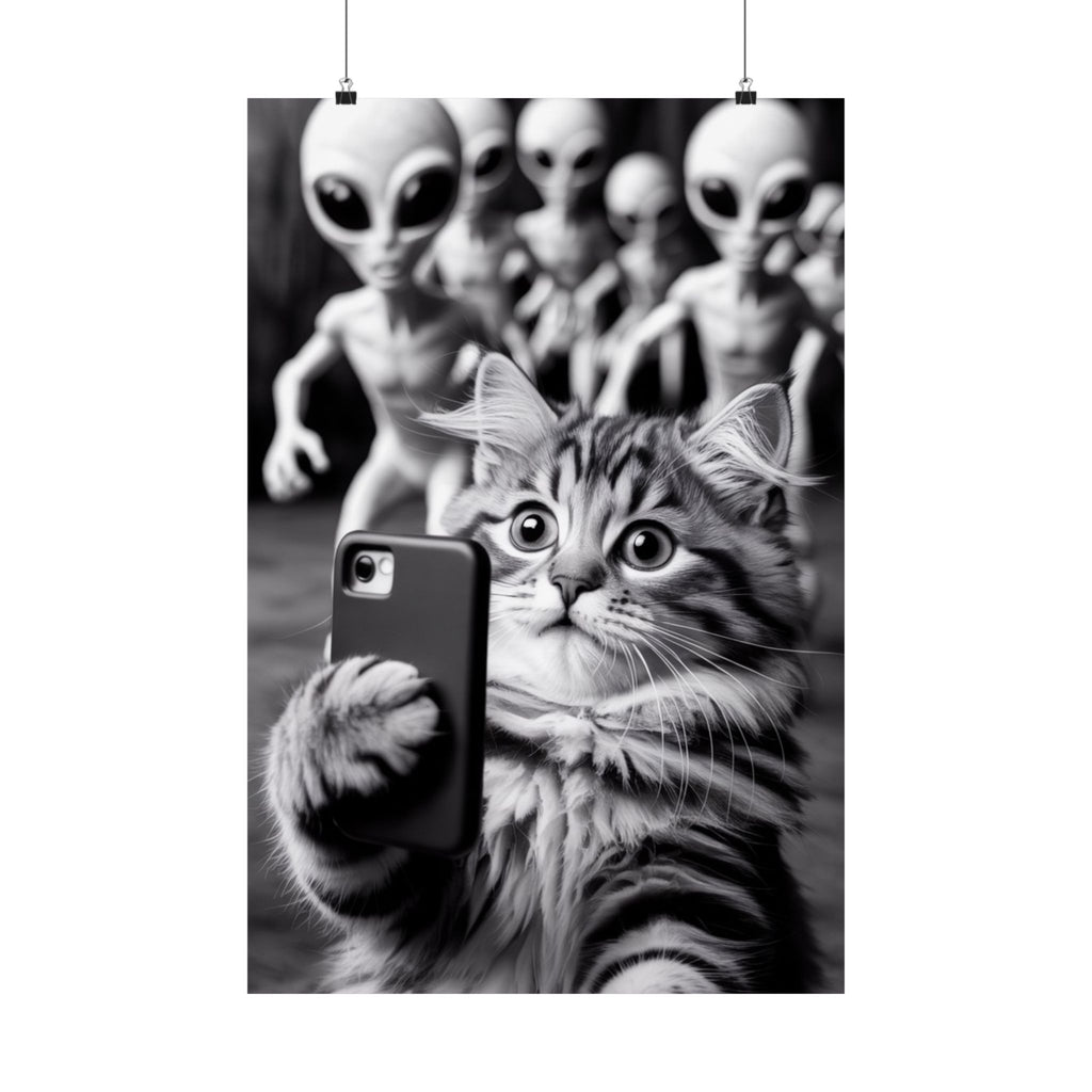 Funny Cat Selfie Poster — Matte Vertical Wall Art with Alien Photobomb