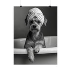 Spa Pup Matte Vertical Poster — Black & White Dog in Bathtub Print