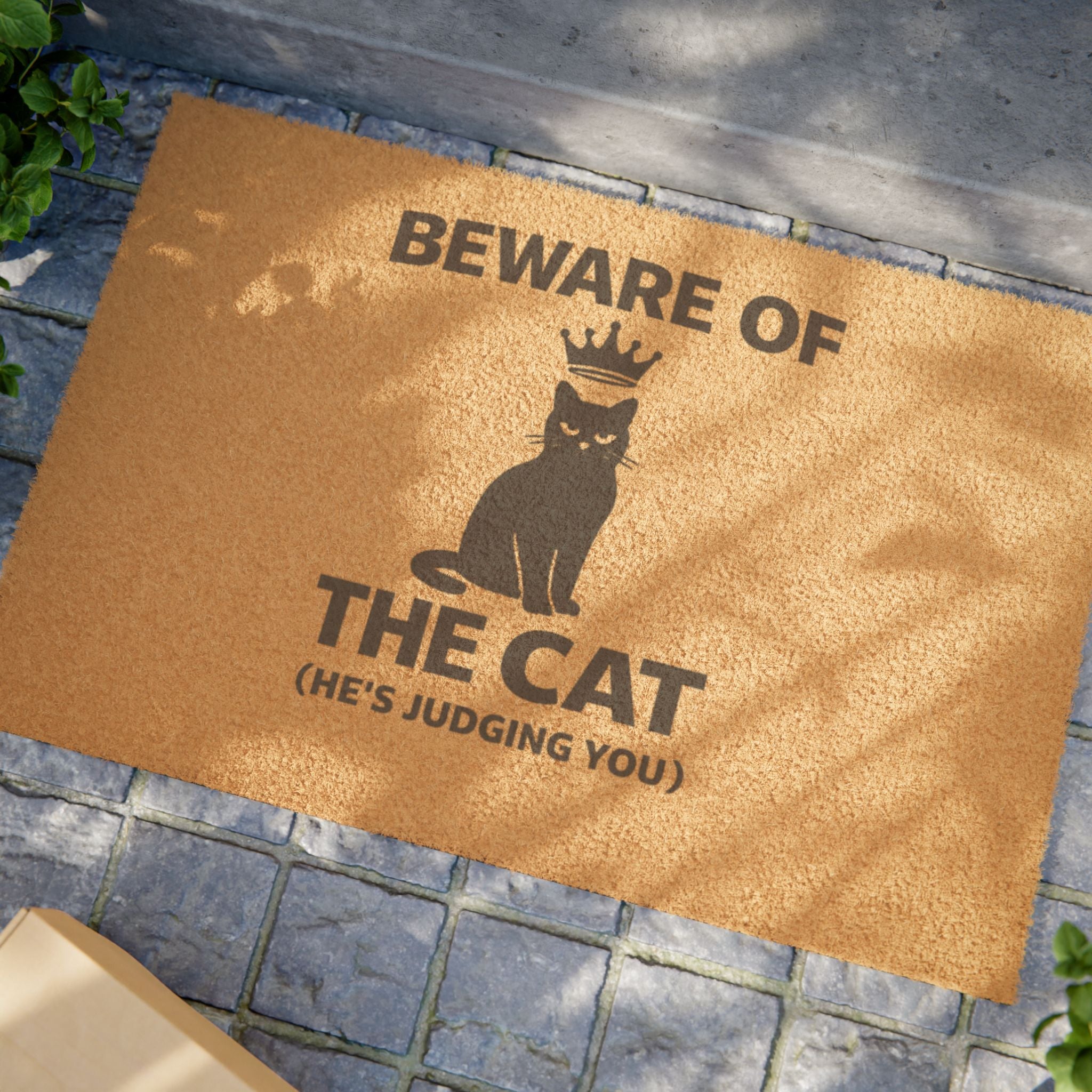 Beware of the Cat Doormat — Funny Welcome Mat with Crowned Cat (She’s Judging You)
