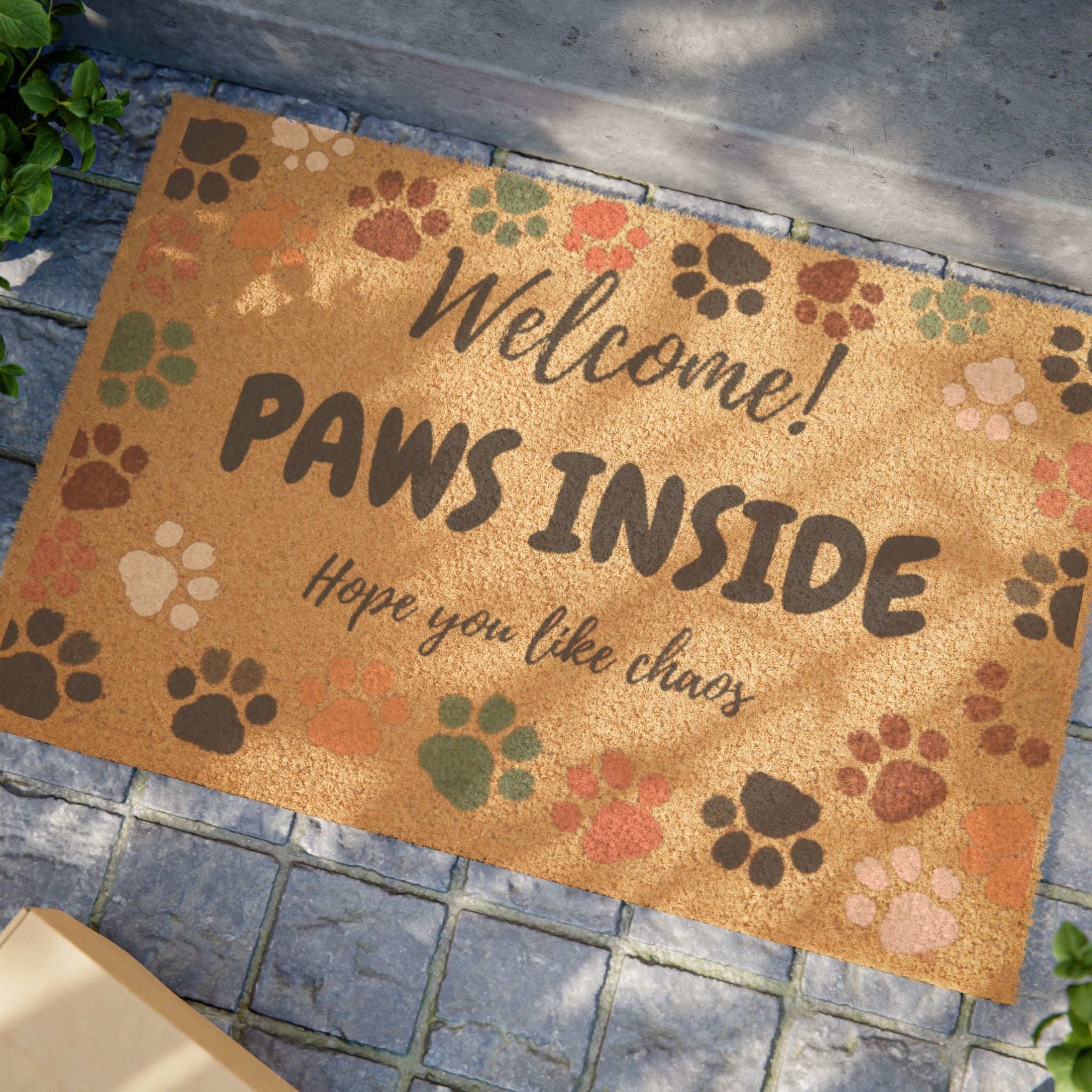 Doormat — "Welcome! Paws Inside" Pet Paw Print Coir Door Mat