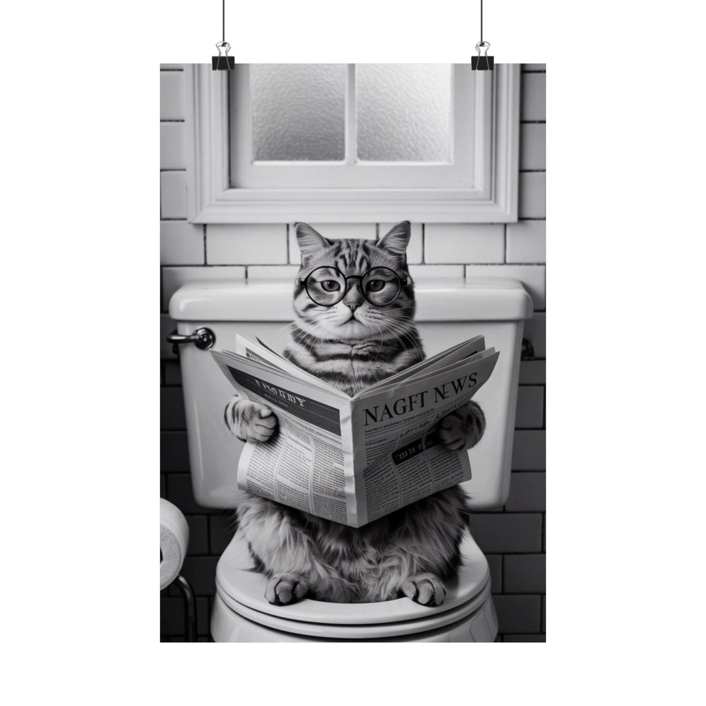 Cat Reading Newspaper Poster — Funny Black & White Matte Vertical Wall Art