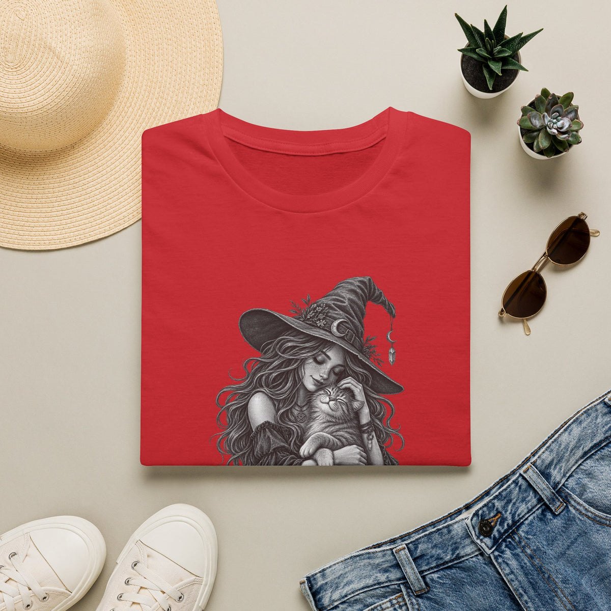 Witch and Cat Graphic T-Shirt — Cozy Gothic Halloween Tee