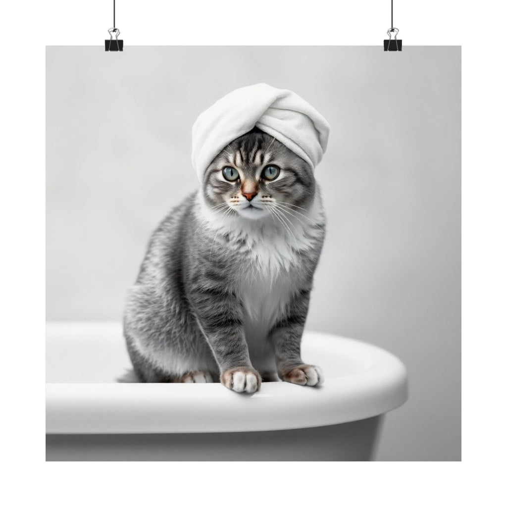Cat Spa Poster — Cute Grey Cat with Towel on Bathtub Matte Vertical Art Print