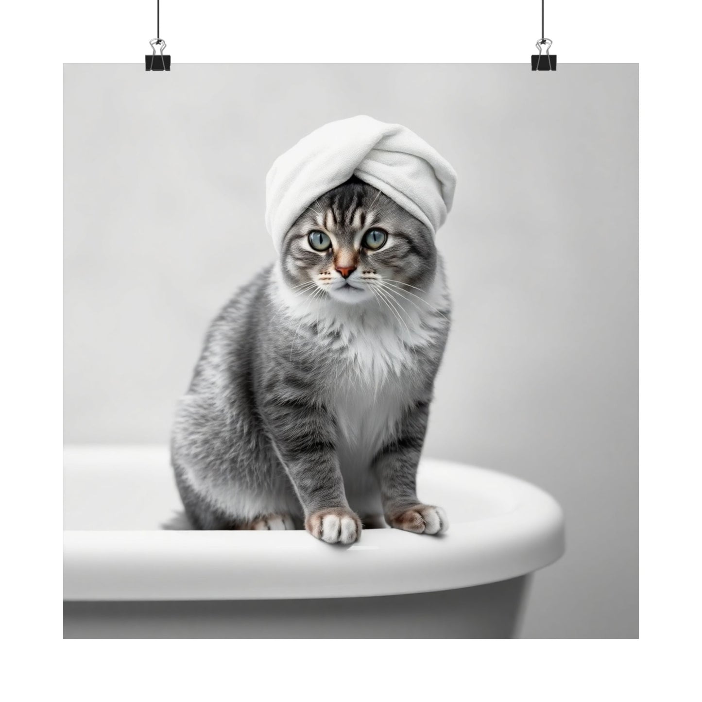 Digital download Cat Spa Poster — Cute Grey Cat with Towel on Bathtub Matte Vertical Art Print