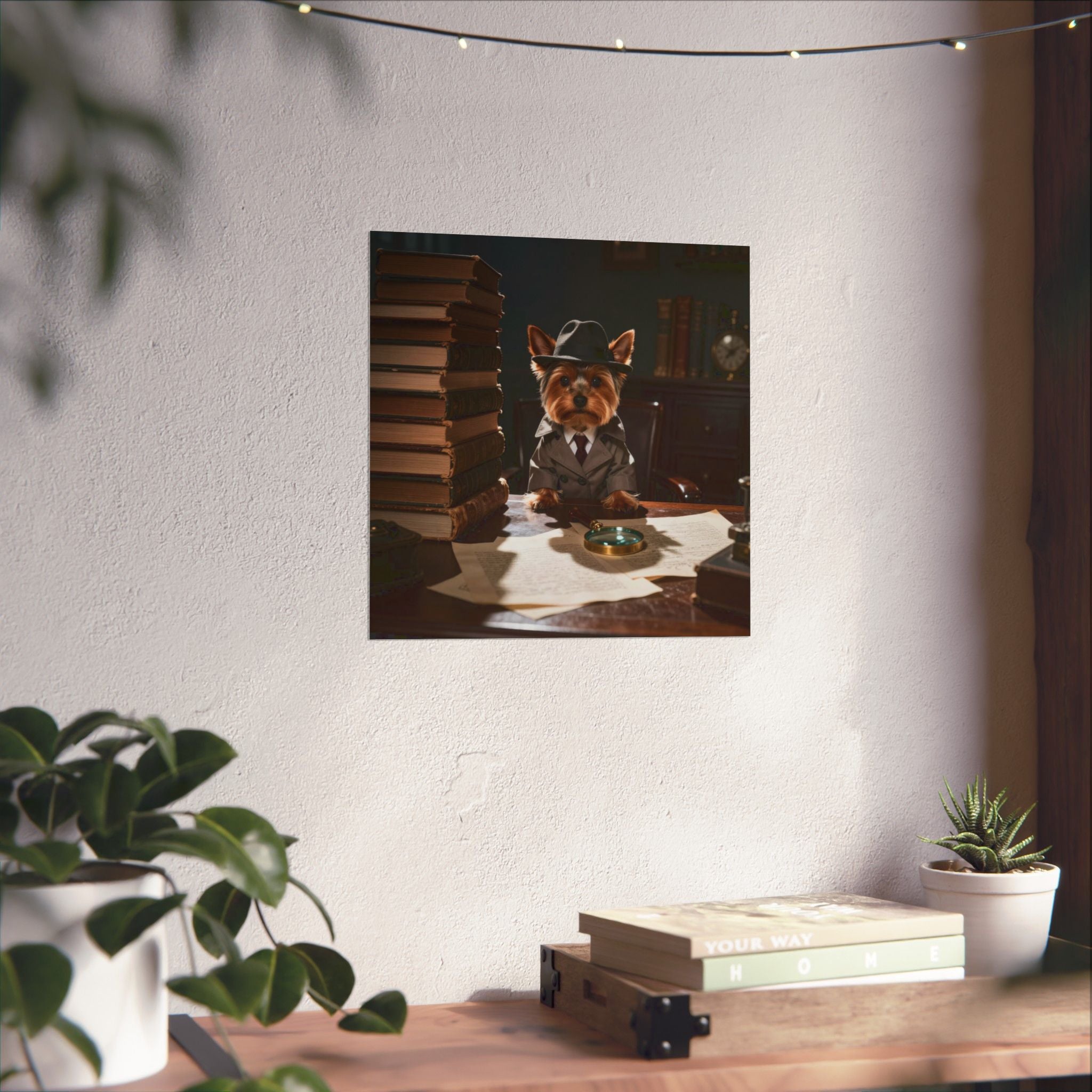 Detective Yorkie Poster — Cute Dog in Trench Coat Matte Vertical Art