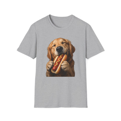 Golden Retriever Hot Dog T-Shirt — Cute Dog Eating Hotdog Graphic Tee