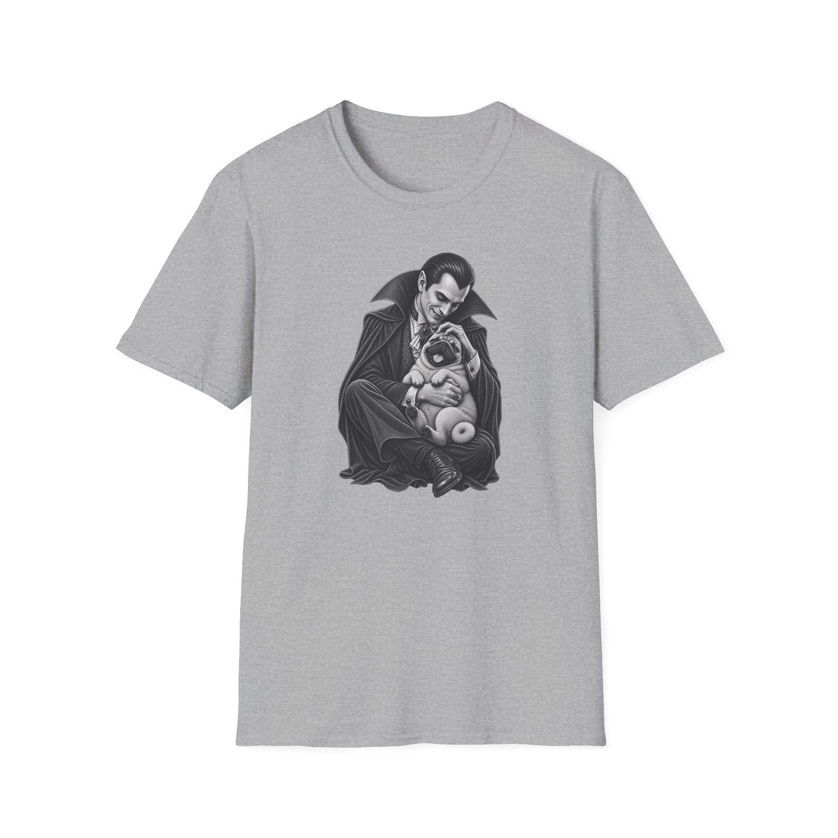 Vampire Holding Pug T‑Shirt — Gothic Cute Dog Tee