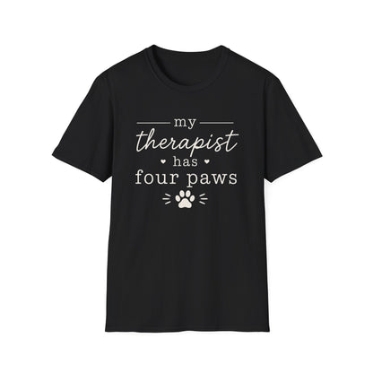 Pet Lover T-Shirt — "My Therapist Has Four Paws" Cute Dog & Cat Therapy Tee
