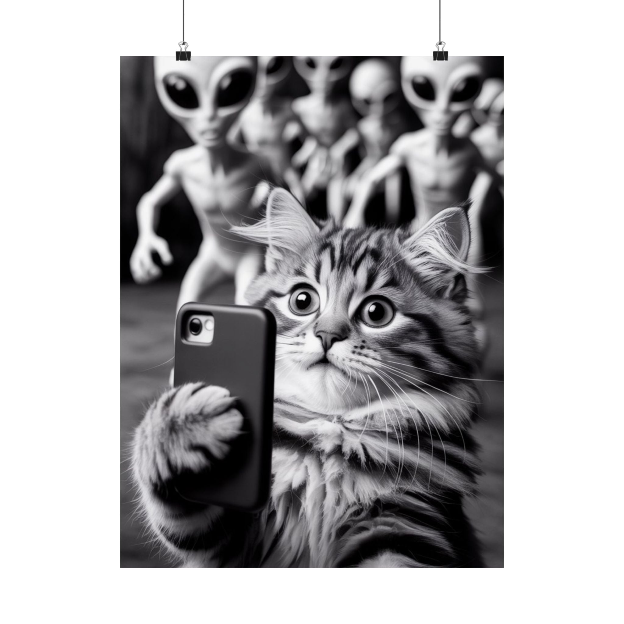 Funny Cat Selfie Poster — Matte Vertical Wall Art with Alien Photobomb