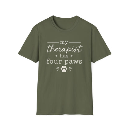 Pet Lover T-Shirt — "My Therapist Has Four Paws" Cute Dog & Cat Therapy Tee