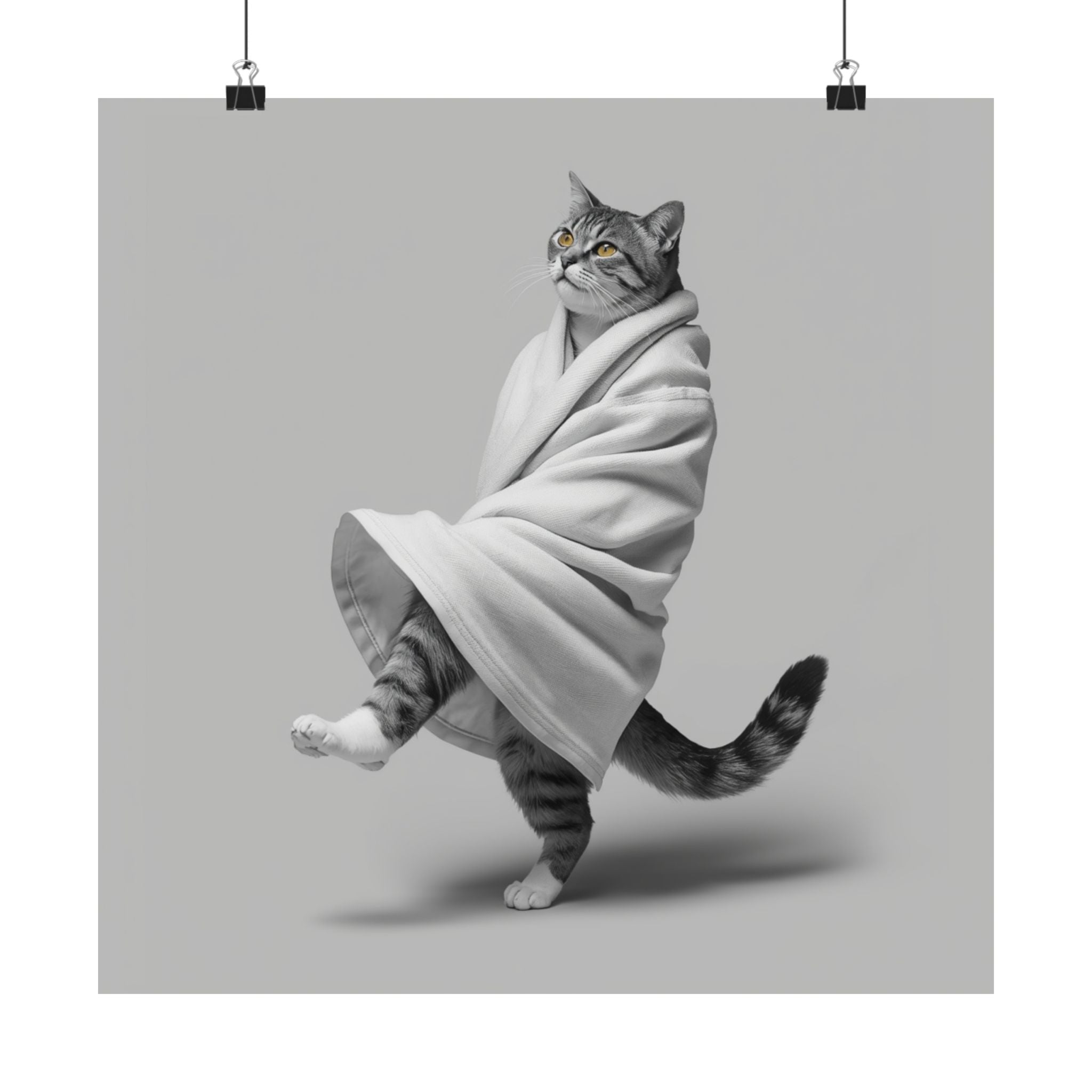 Dancing Cat Poster — Whimsical Cat Wrapped in Blanket Matte Print