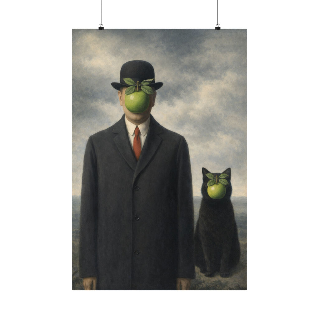Surreal Apple-Faced Man & Cat Matte Poster — Vintage René Magritte Style Art Print