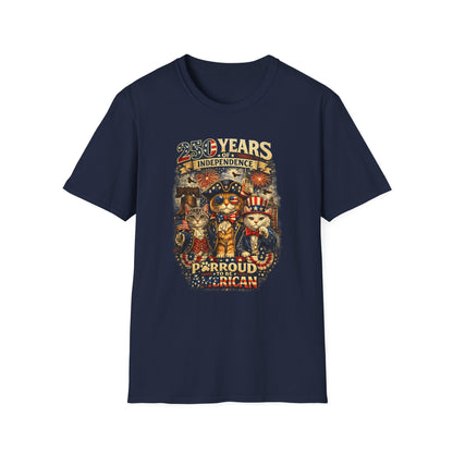 T-Shirt — "250 Years of Independence" Patriotic Cat Fourth of July Tee