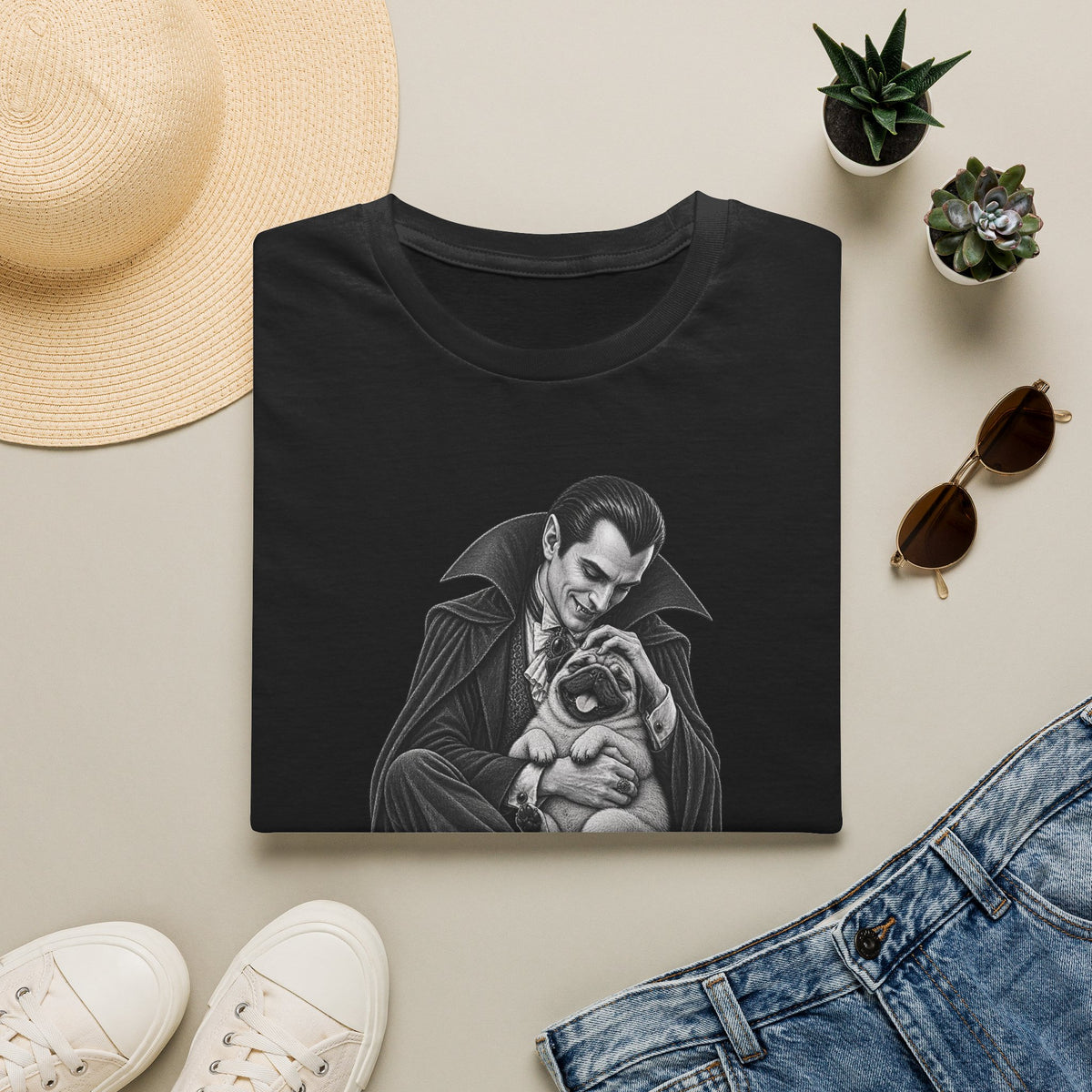 Vampire Holding Pug T‑Shirt — Gothic Cute Dog Tee