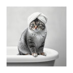 Cat Spa Poster — Cute Grey Cat with Towel on Bathtub Matte Vertical Art Print