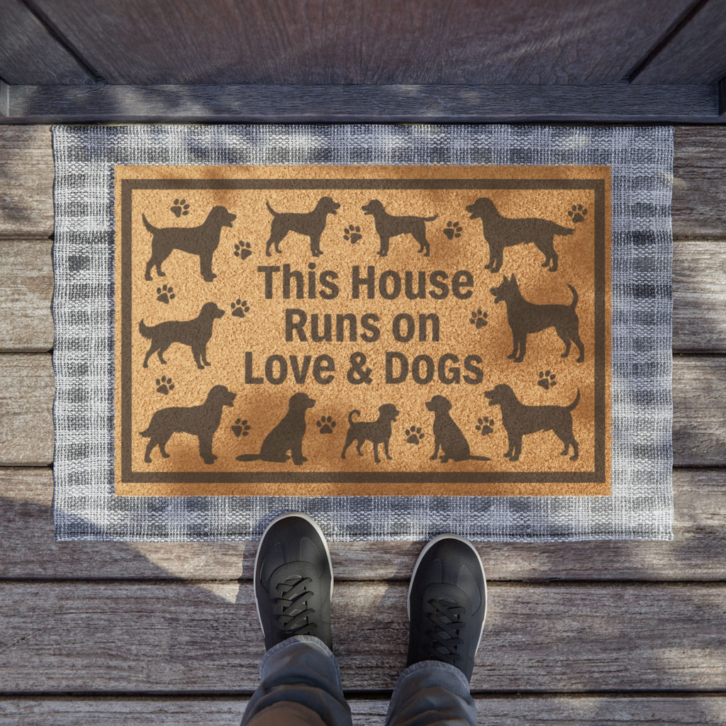 Dog Lover Doormat — "This House Runs on Love & Dogs" Coir Welcome Mat