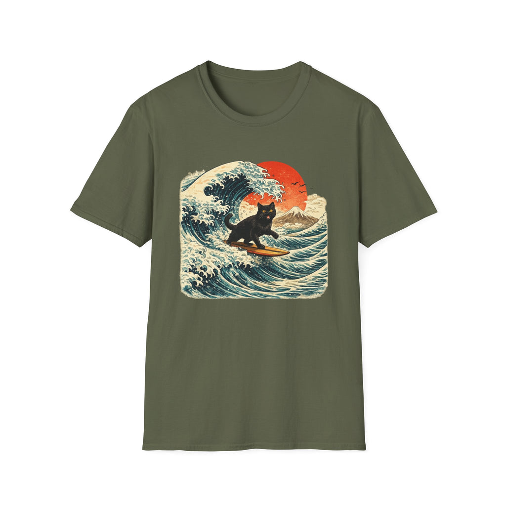 Surfing Cat T-Shirt — Retro Wave Japanese-Style Sunset Graphic Tee