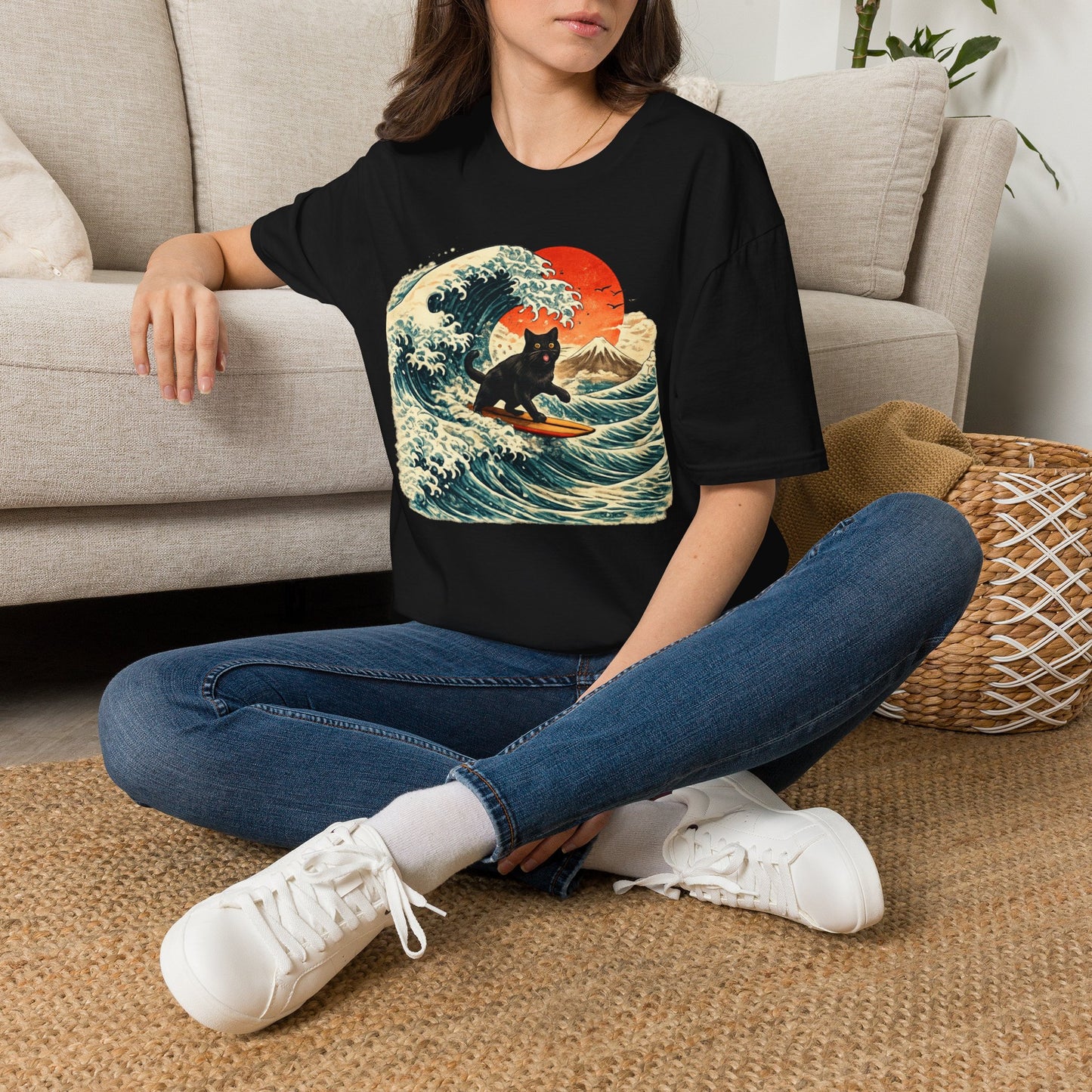 Surfing Black Cat T-Shirt — Vintage Wave Sunset Tee