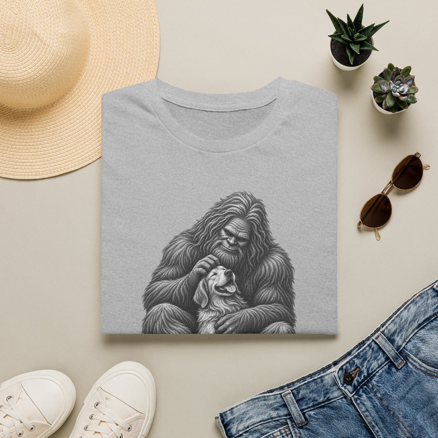 Bigfoot & Puppy Tee — Gentle Sasquatch Holding Dog Graphic T-Shirt
