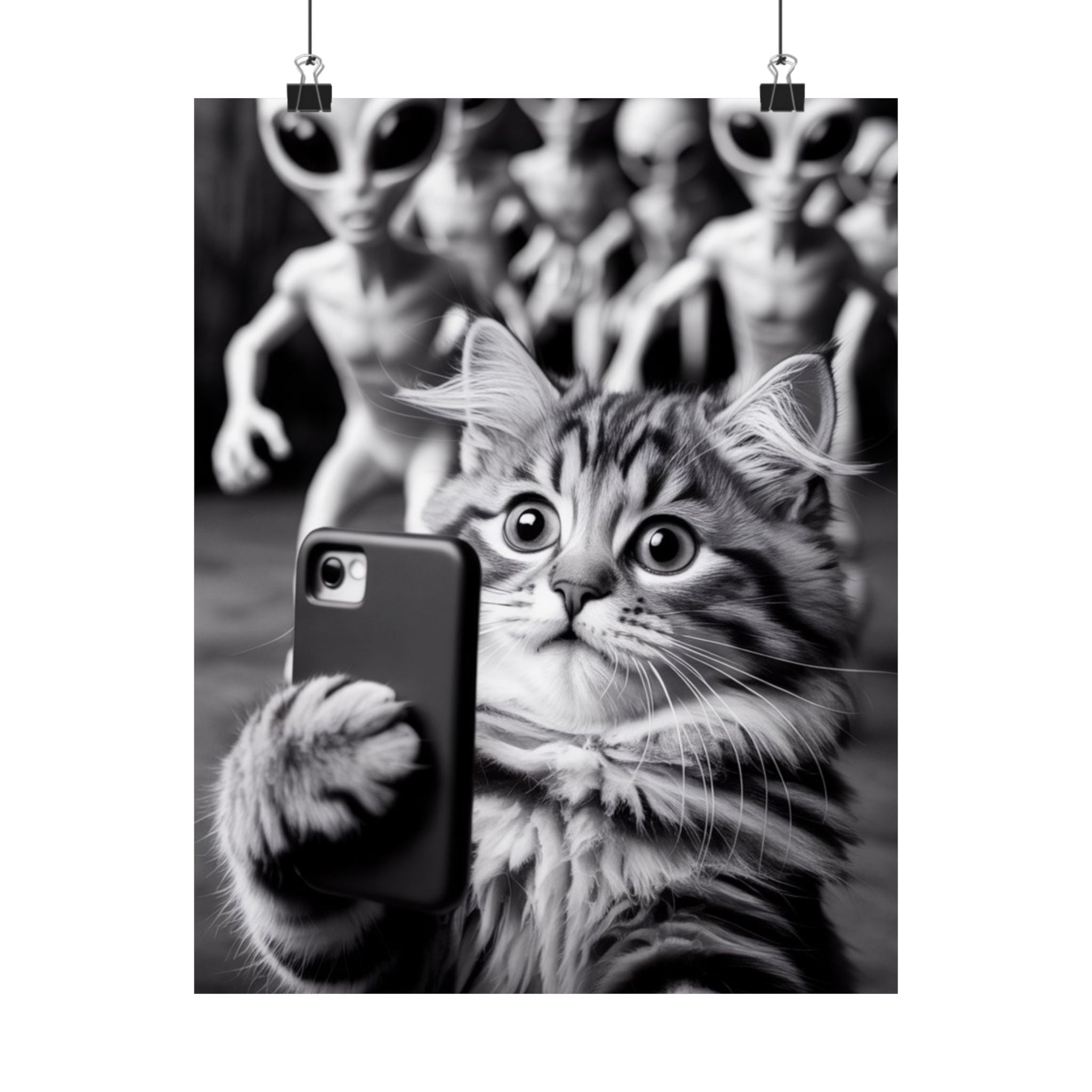 Funny Cat Selfie Poster — Matte Vertical Wall Art with Alien Photobomb