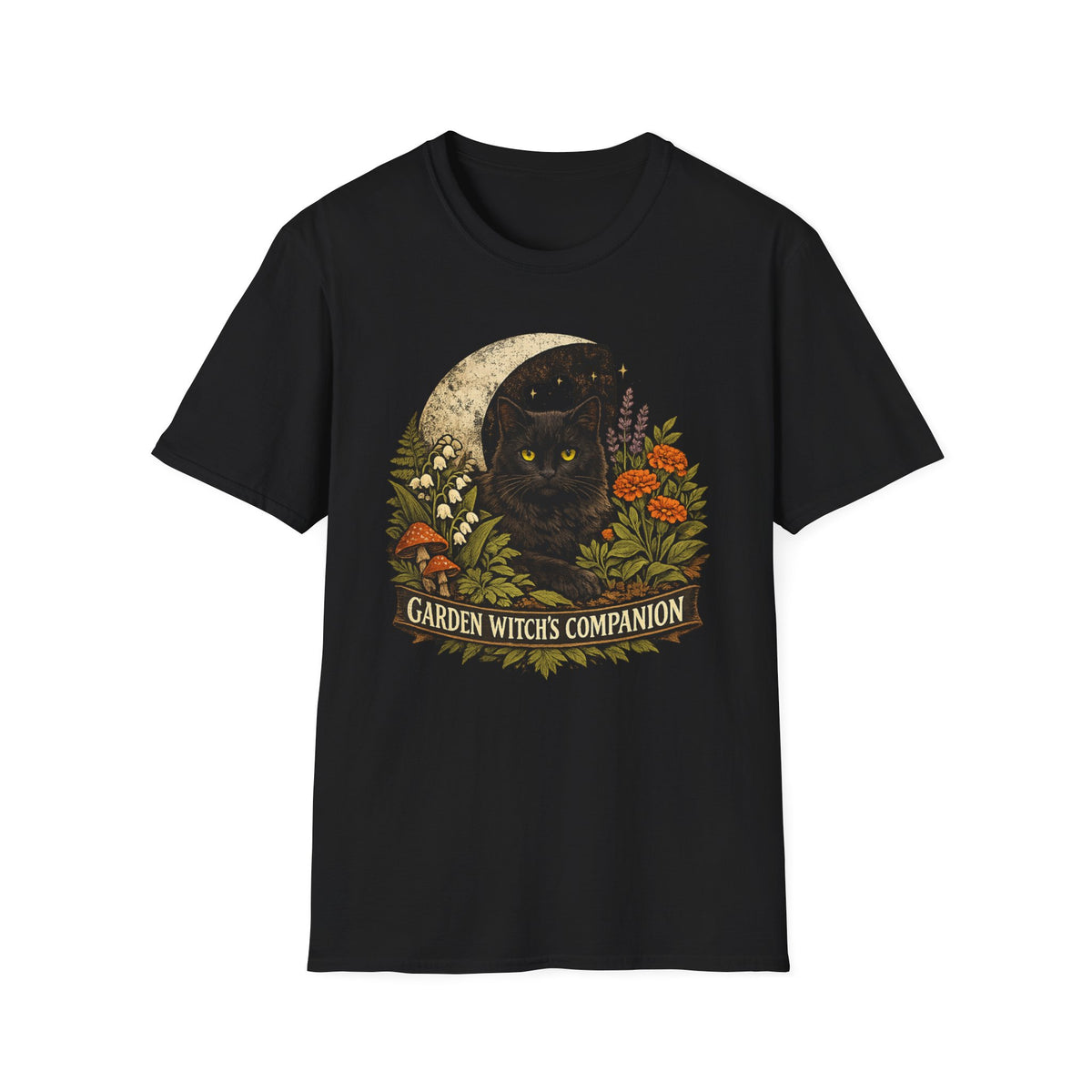 Garden Witch's Companion Cat T-Shirt — Moon, Marigold & Lily of the Valley Graphic Tee