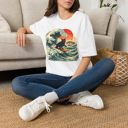 Surfing Black Cat T-Shirt — Vintage Wave Sunset Tee