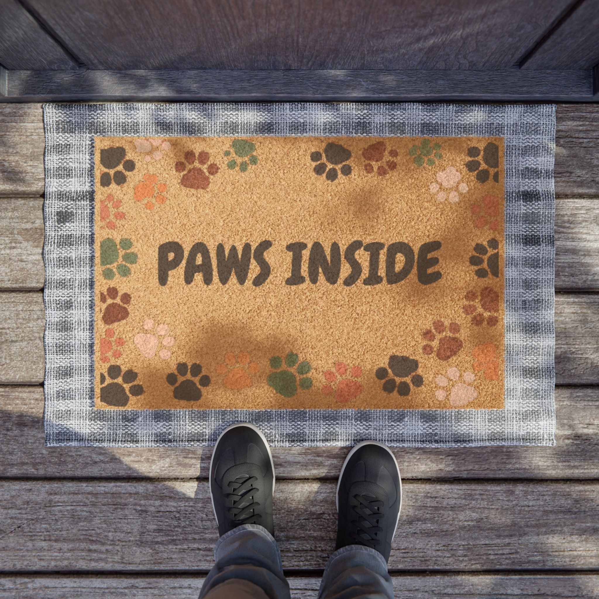 Doormat — "Paws Inside" Welcome Mat with Colorful Paw Print Border (Pet-Friendly Entryway)