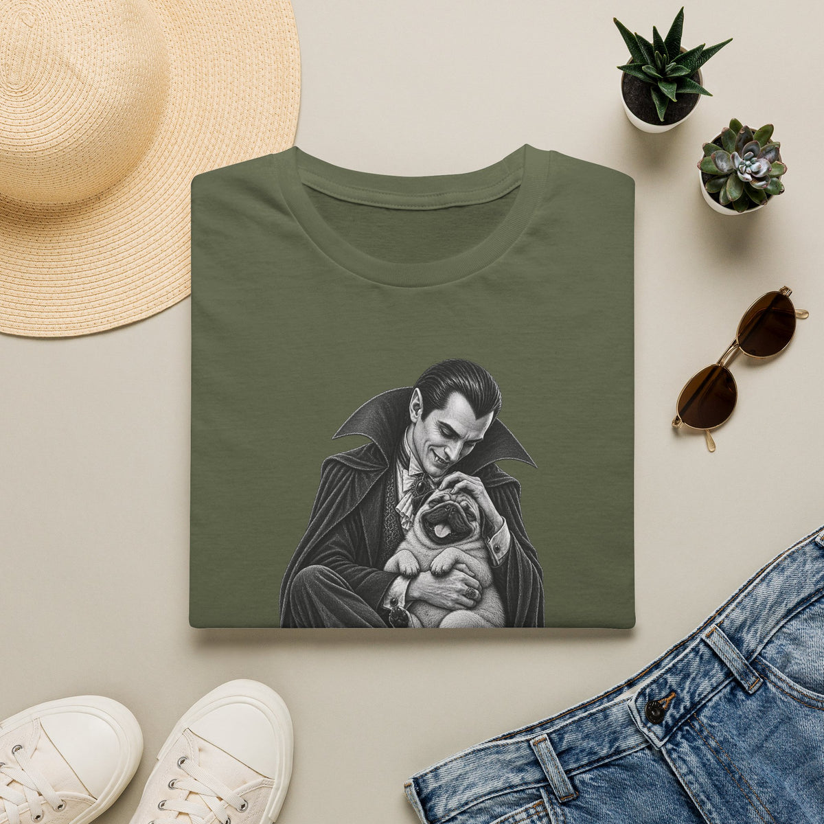 Vampire Holding Pug T‑Shirt — Gothic Cute Dog Tee