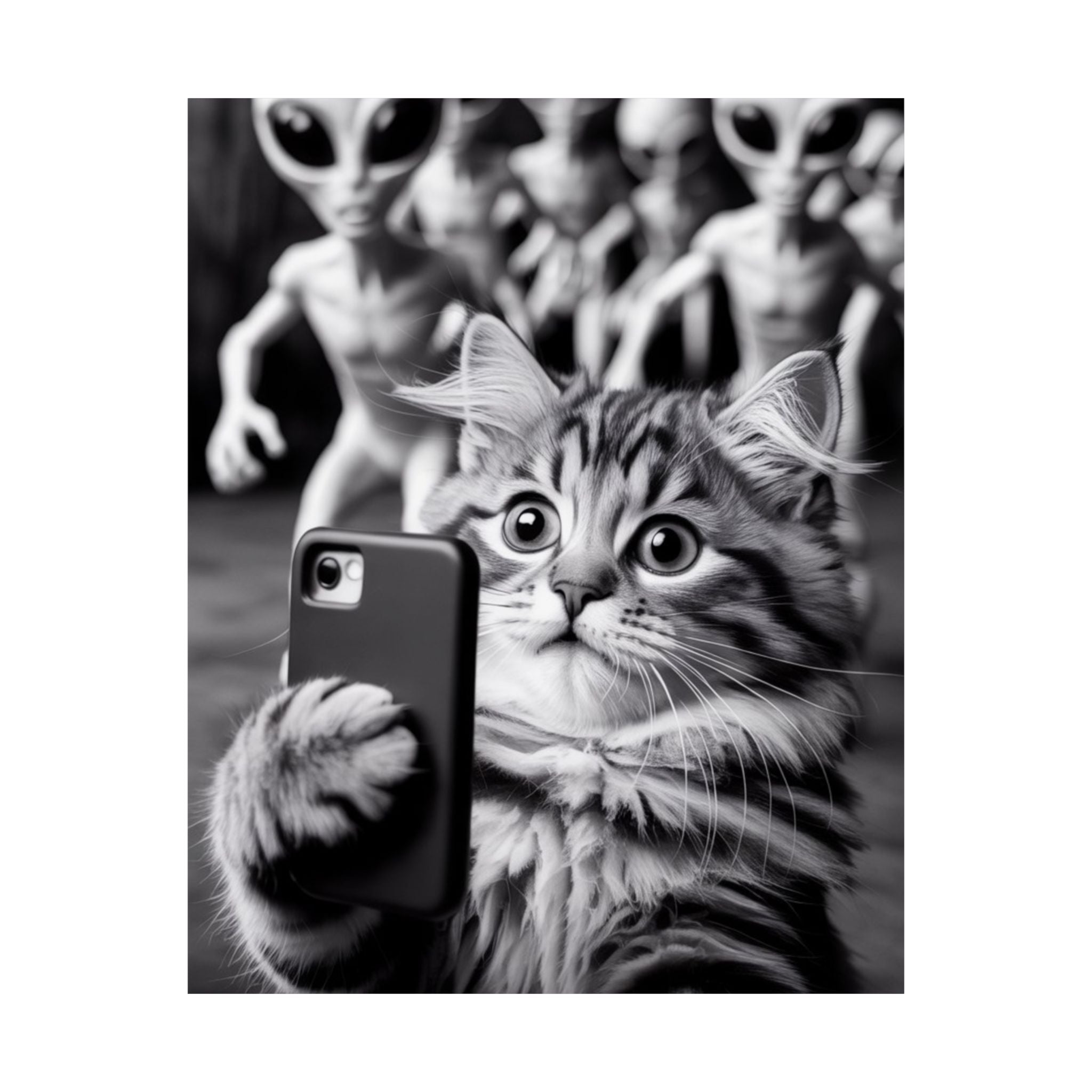 Funny Cat Selfie Poster — Matte Vertical Wall Art with Alien Photobomb