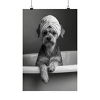 Spa Pup Matte Vertical Poster — Black & White Dog in Bathtub Print