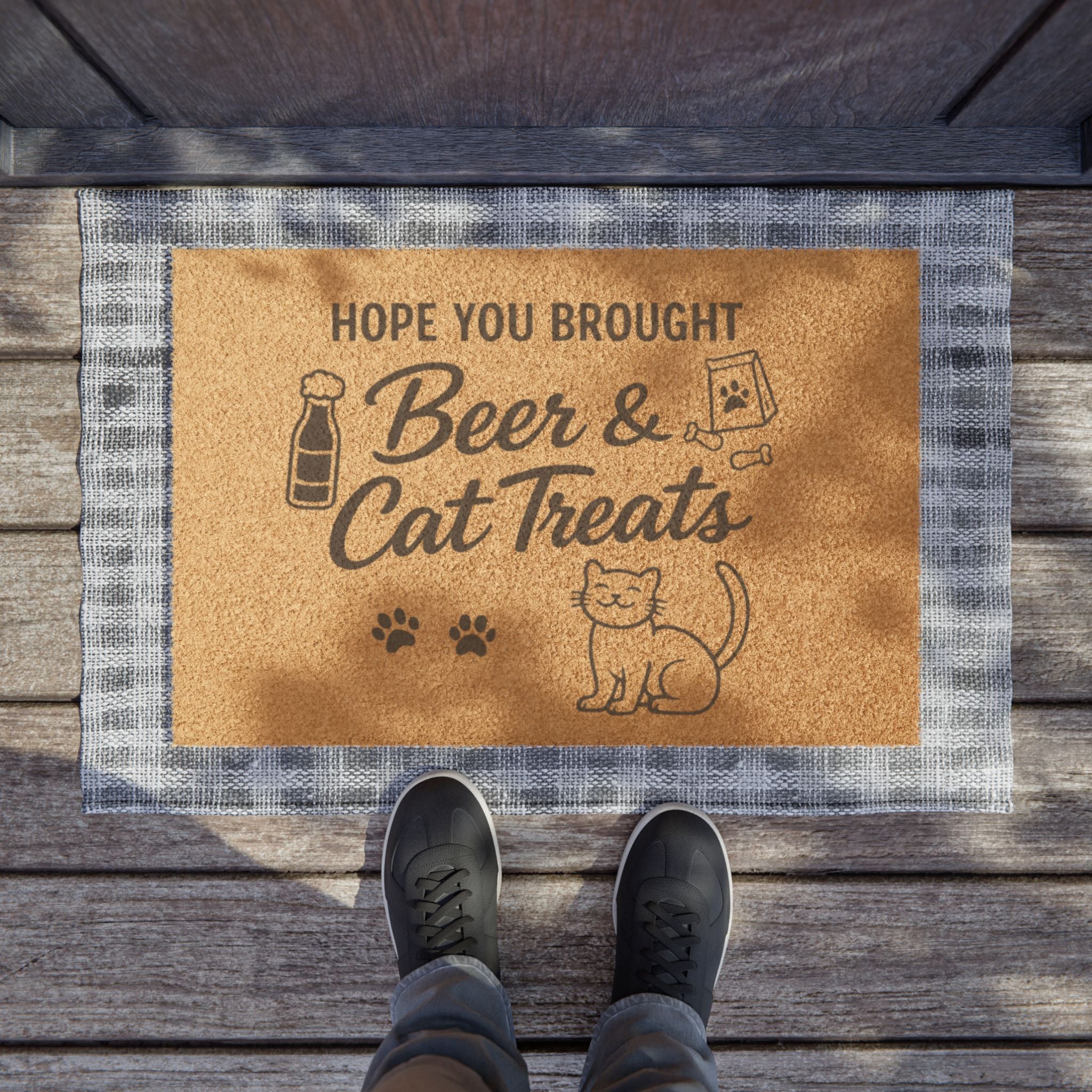 Doormat — "Hope You Brought Beer & Cat Treats" Funny Cat Lover Welcome Mat