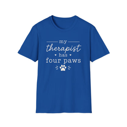 Pet Lover T-Shirt — "My Therapist Has Four Paws" Cute Dog & Cat Therapy Tee