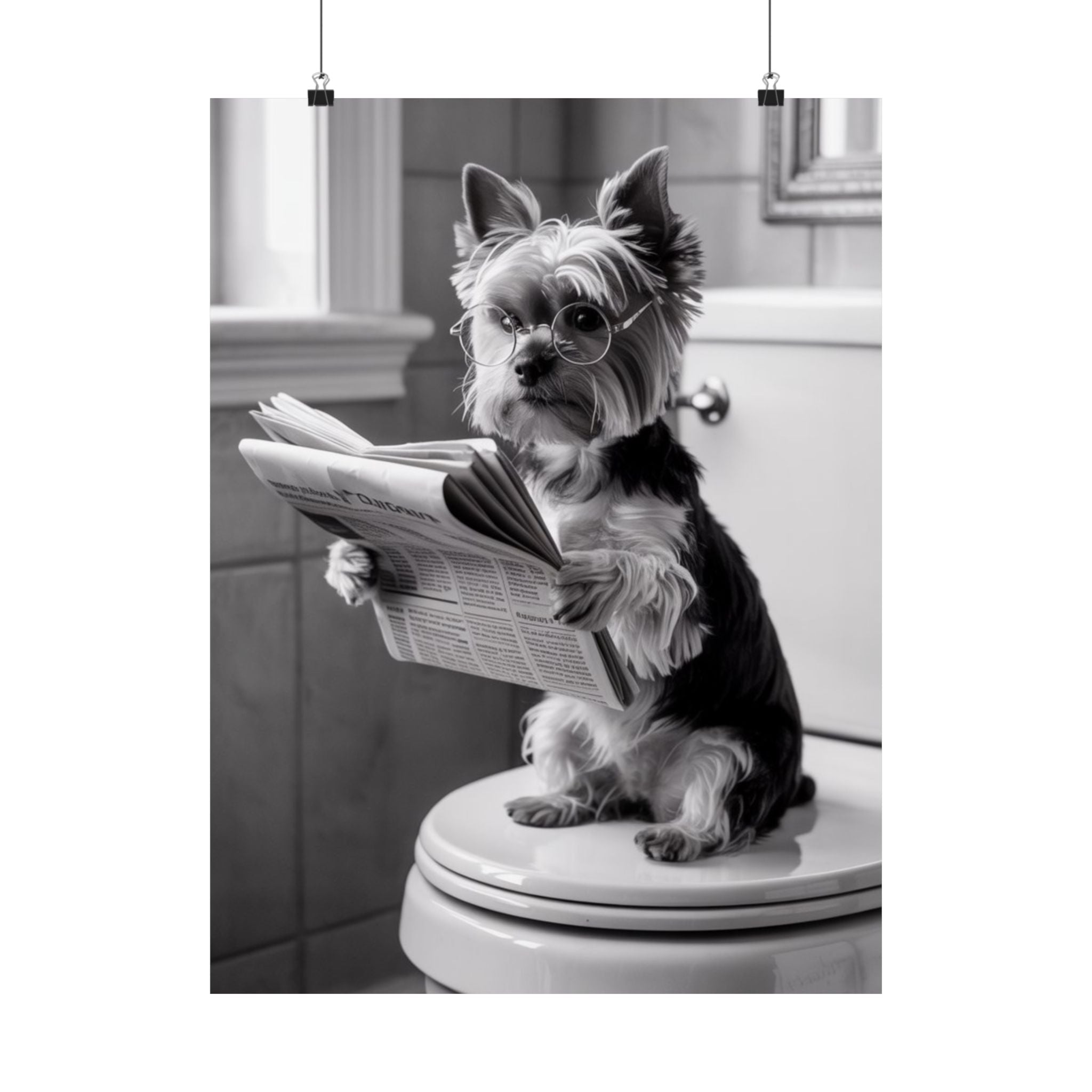 Digital download Funny Yorkie Reading Newspaper Poster — Matte Vertical Dog Wall Art
