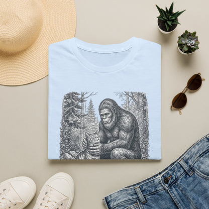 Bigfoot & Cat T-Shirt — Vintage Sasquatch Forest Illustration