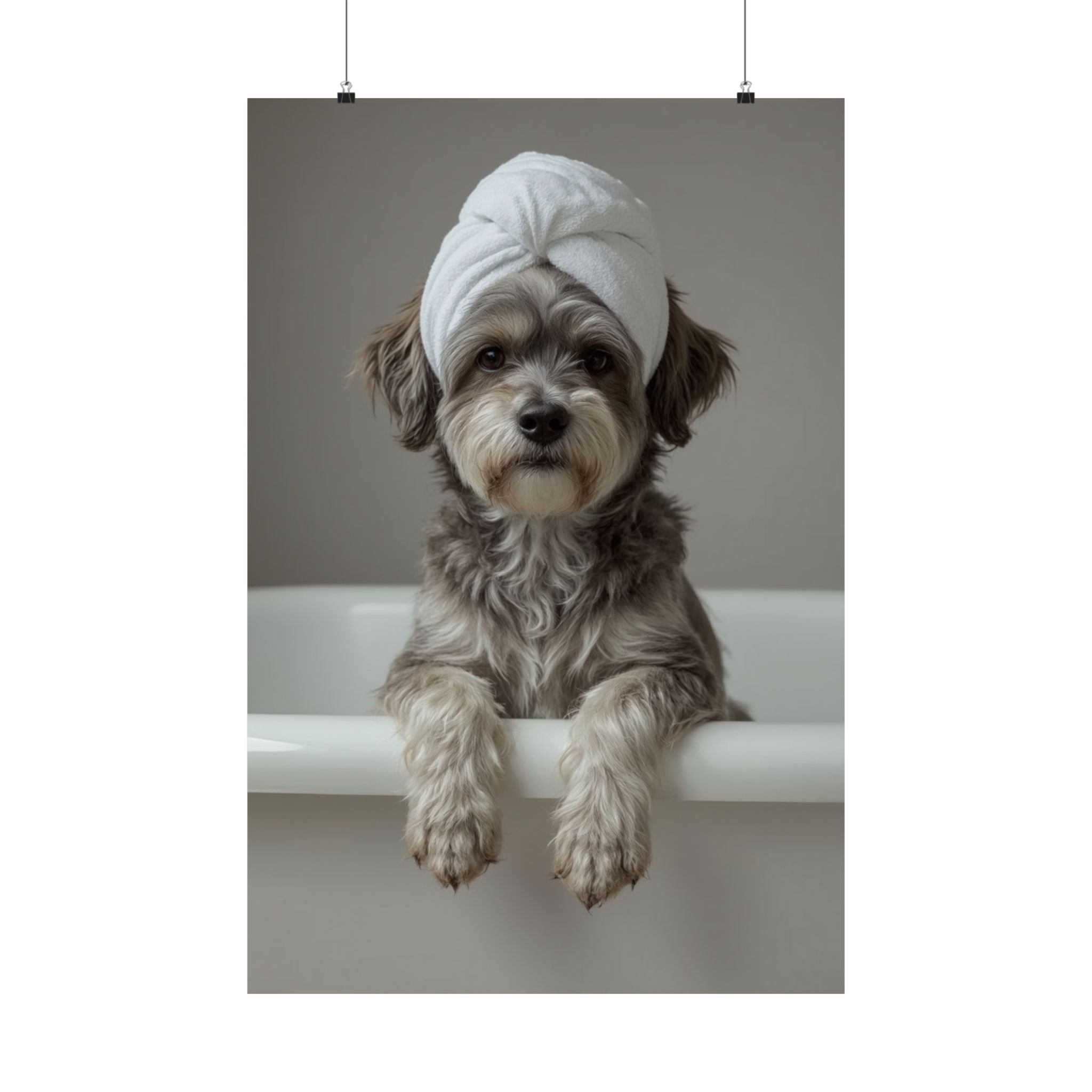 Dog Spa Poster — Cute Puppy in Towel Matte Vertical Wall Art