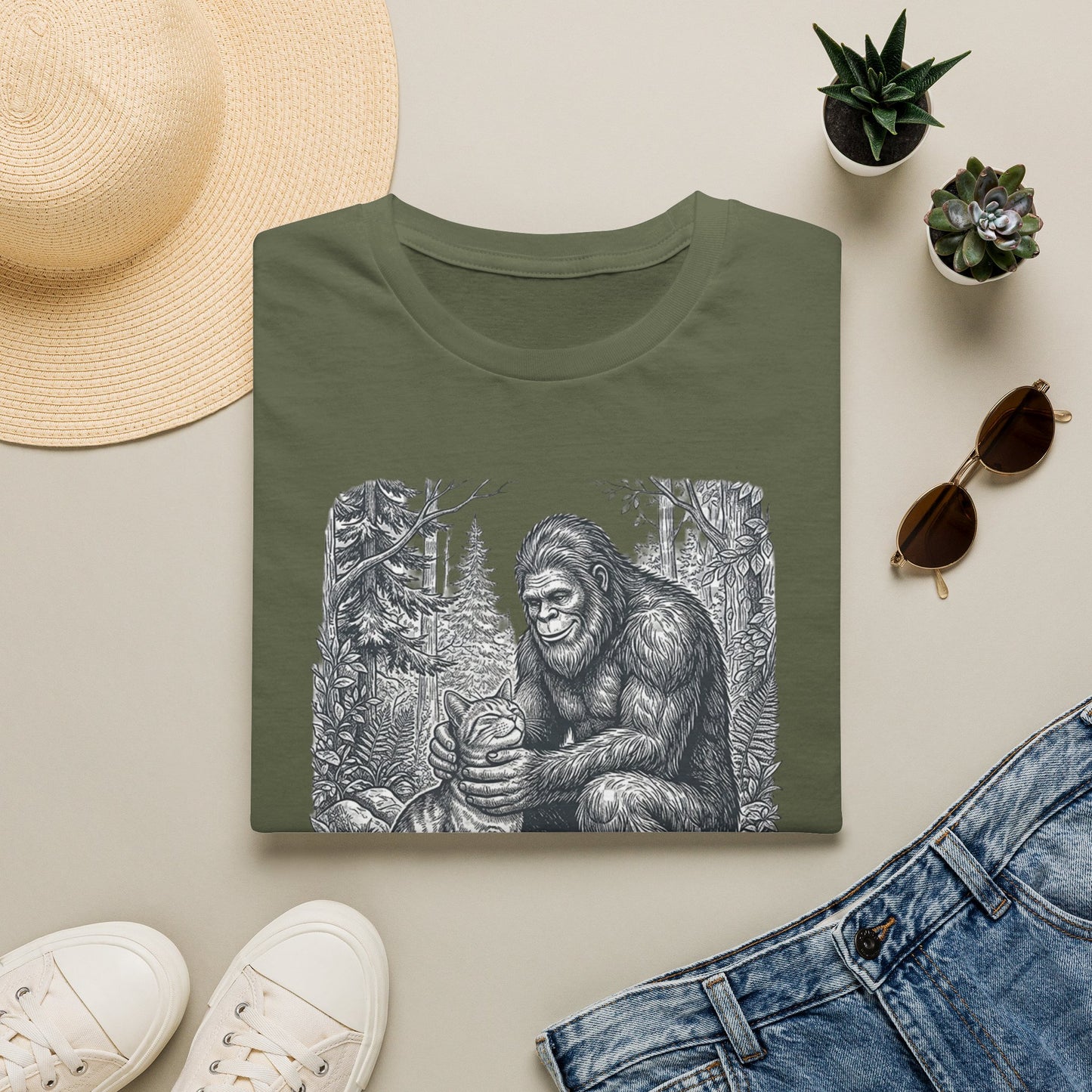 Bigfoot & Cat T-Shirt — Vintage Sasquatch Forest Illustration