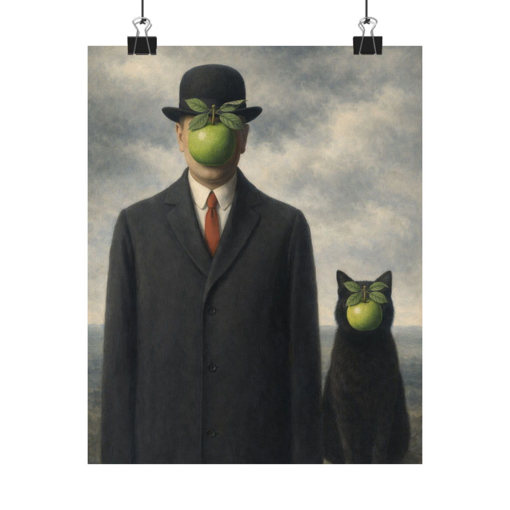 Surreal Apple-Faced Man & Cat Matte Poster — Vintage René Magritte Style Art Print