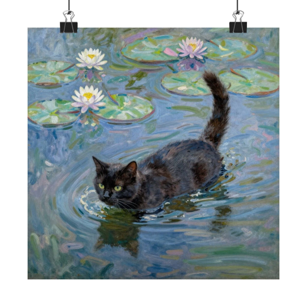 Matte Poster — Black Cat in Water with Waterlilies (Art Print)