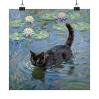 Matte Poster — Black Cat in Water with Waterlilies (Art Print)