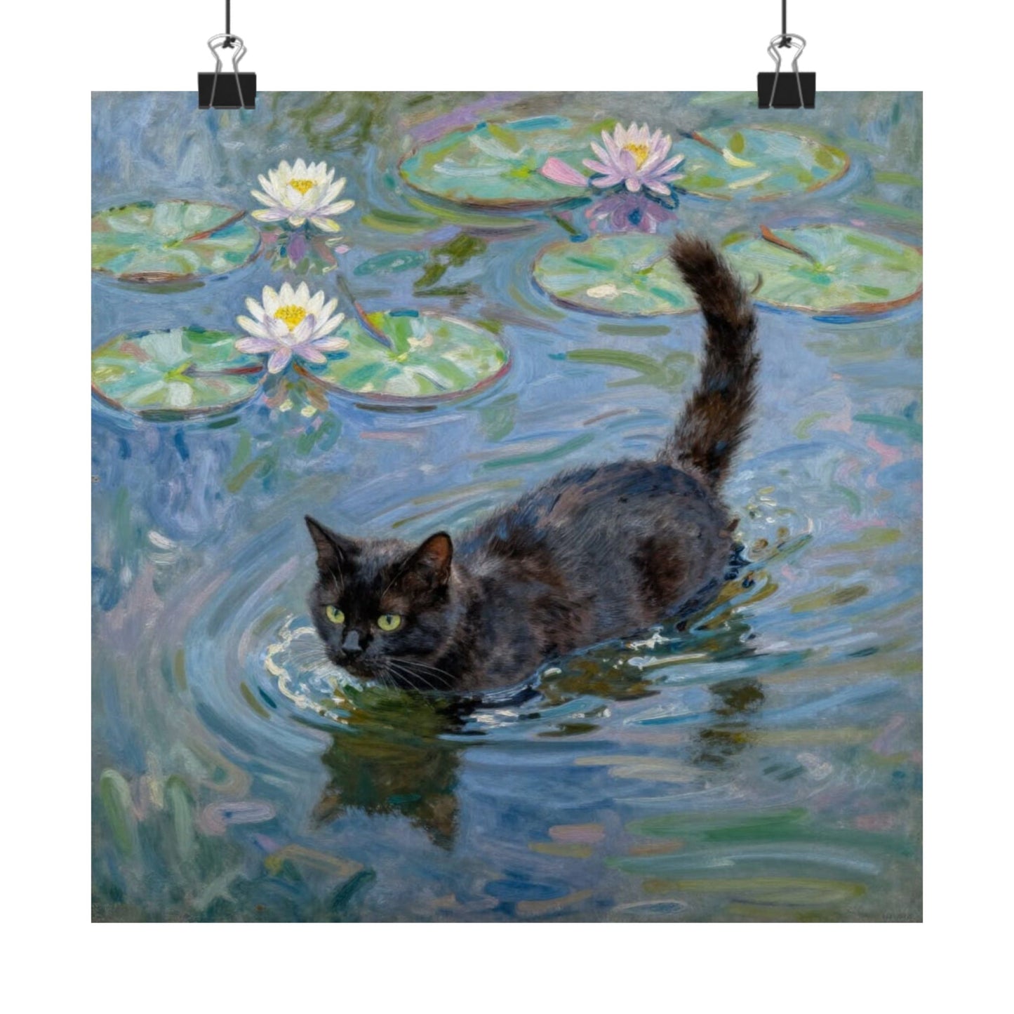 Digital download Poster — Black Cat in Water with Waterlilies (Art Print)