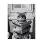 Cat Reading Newspaper Poster — Funny Black & White Matte Vertical Wall Art