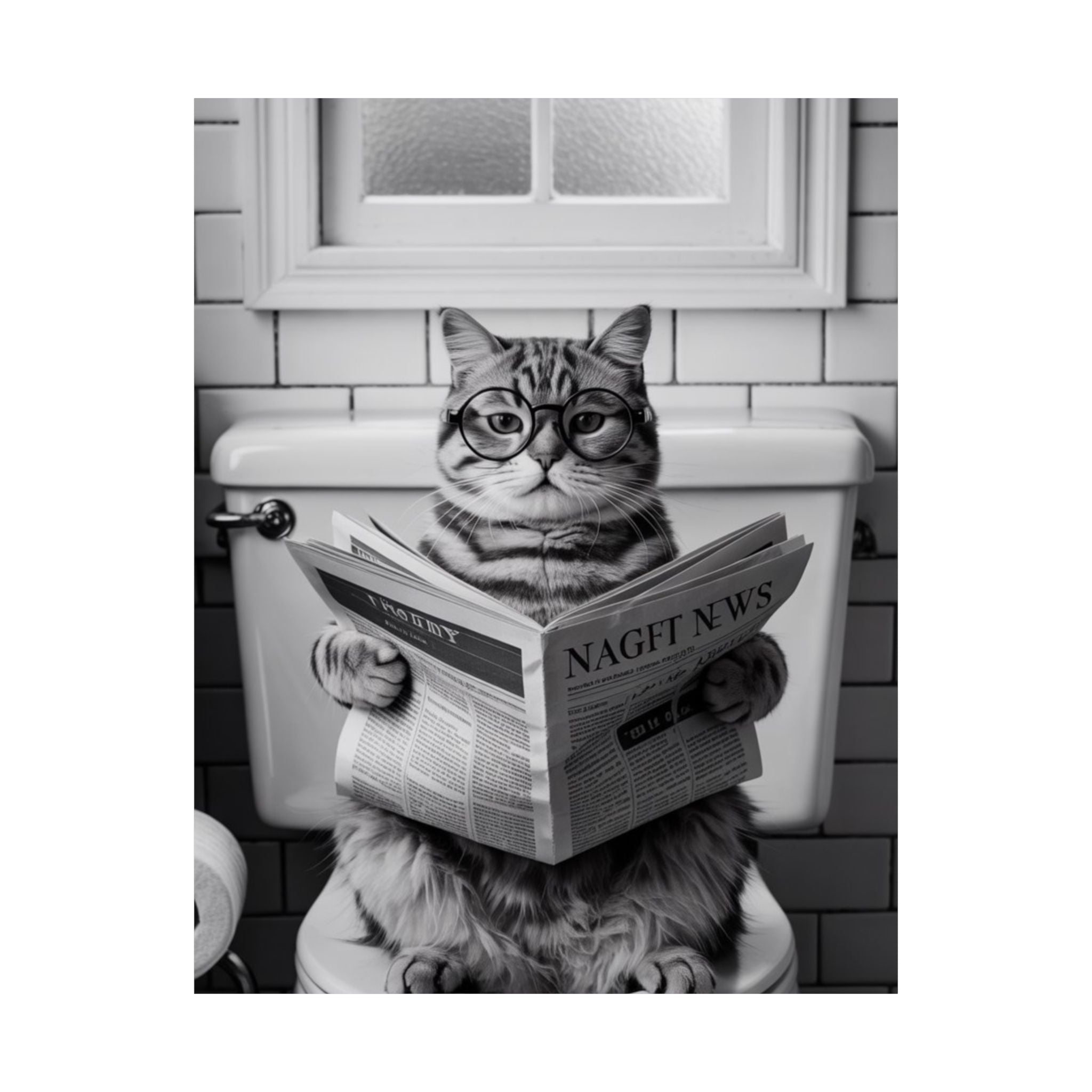 Cat Reading Newspaper Poster — Funny Black & White Matte Vertical Wall Art