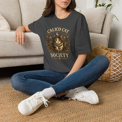 Calico Cat Society T-Shirt — Vintage Moon & Floral Cat Graphic