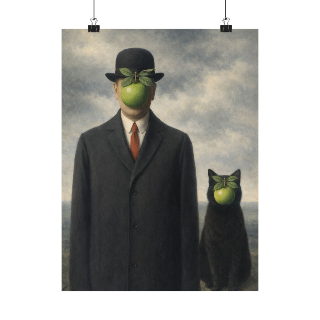Surreal Apple-Faced Man & Cat Matte Poster — Vintage René Magritte Style Art Print