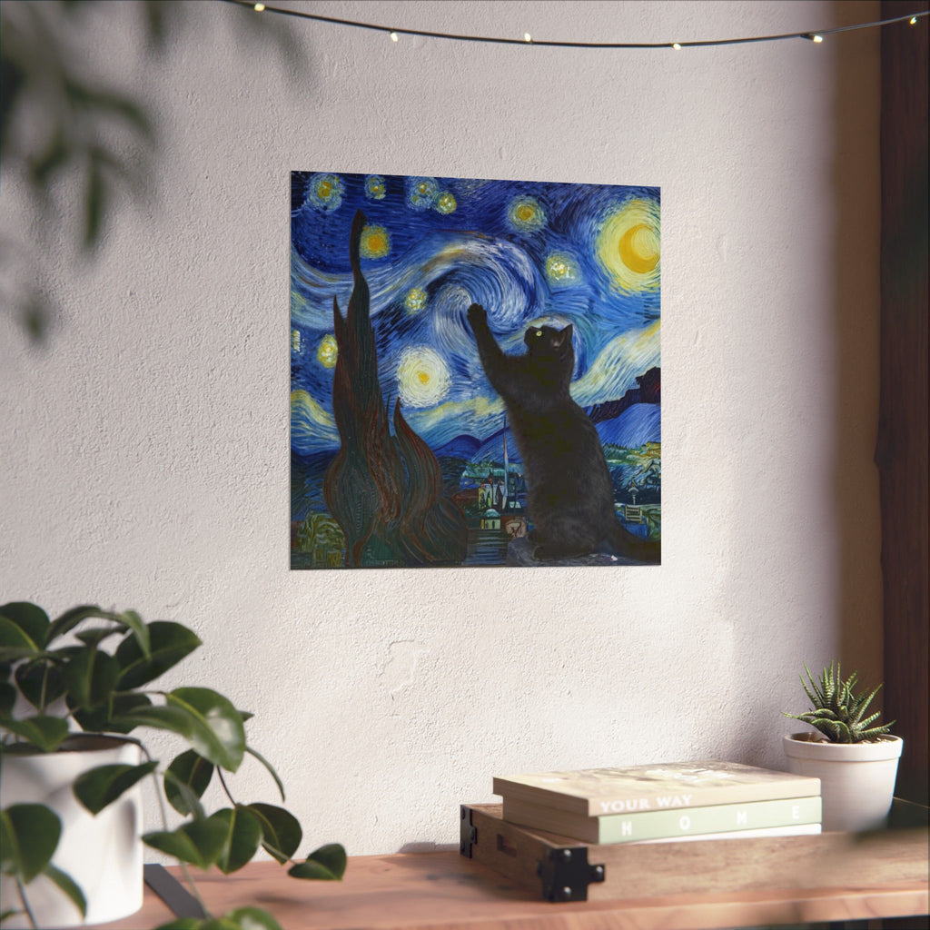 Starry Night Cat Matte Poster — Black Cat Wall Art, Van Gogh Style Night Sky Print