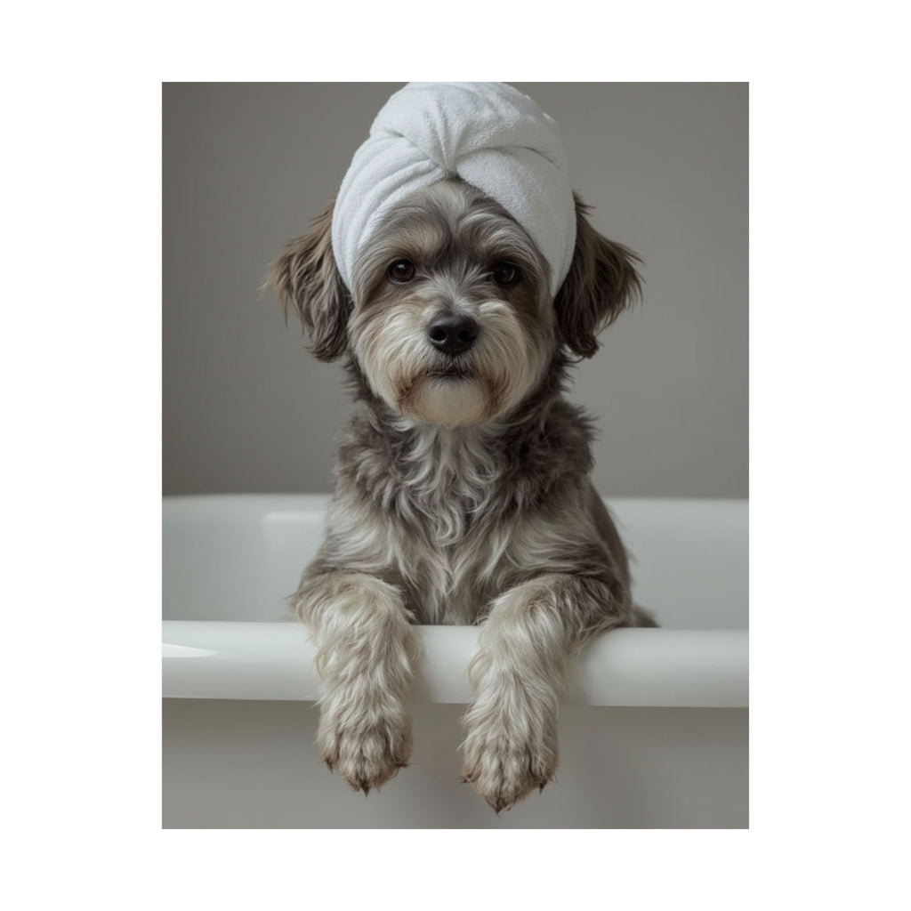 Dog Spa Poster — Cute Puppy in Towel Matte Vertical Wall Art