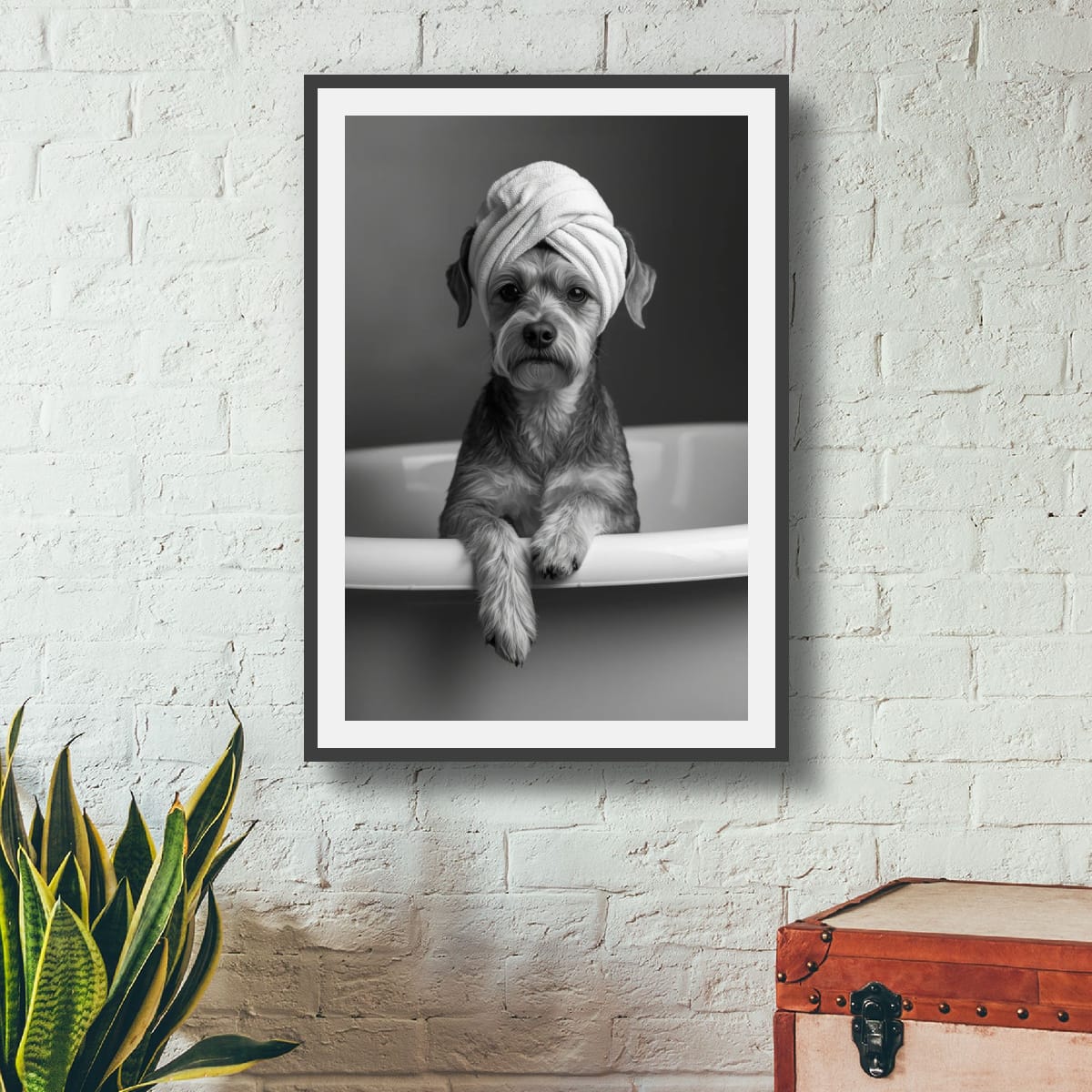 Digital download Spa Pup Matte Vertical Poster — Black & White Dog in Bathtub Print