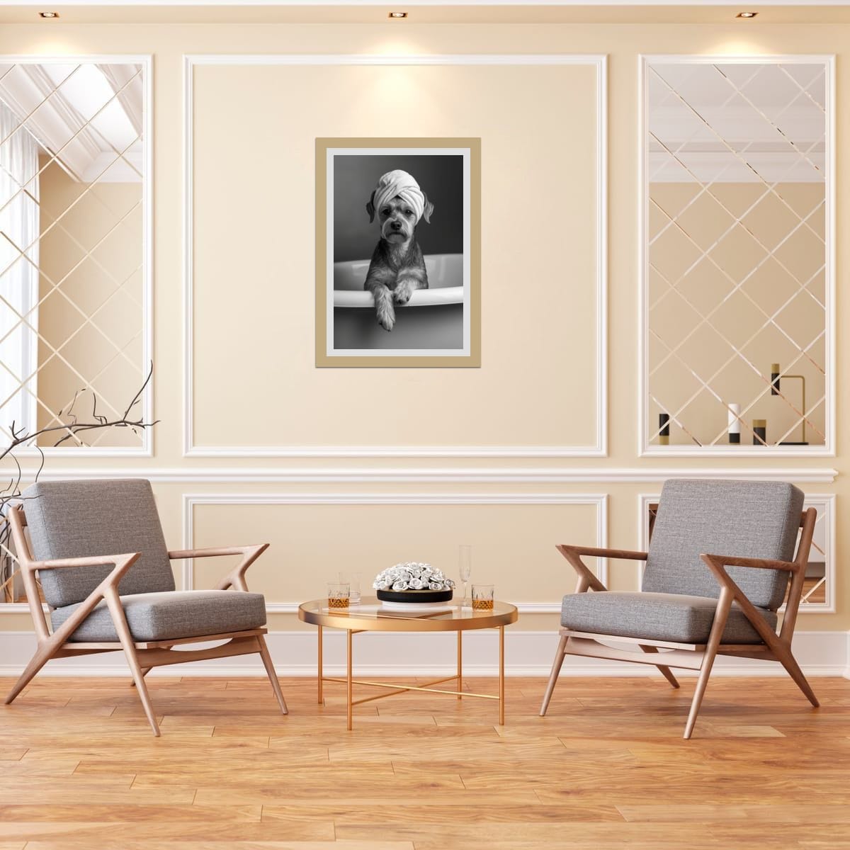 Digital download Spa Pup Matte Vertical Poster — Black & White Dog in Bathtub Print